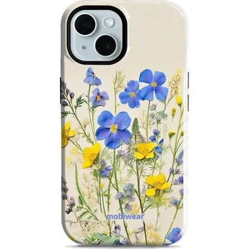 Pouzdro na mobilní telefon Odolný obal Mobiwear Elite Pro - Apple iPhone 15 - EP41E Modré a žluté kvítky (Odolné pouzdro, obal kryt Mobiwear Elite Pro - maximální ochrana mobilu, zesílené hrany, přesné výřezy, pohodlné držení, odolná grafika, kvalitní materiály)