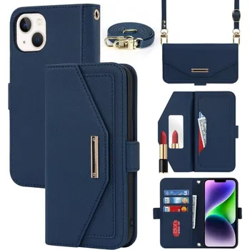 Pouzdro na mobilní telefon Flipové pouzdro s popruhem ve stylu psaníčka pro iPhone 15 Plus - tmavě modré