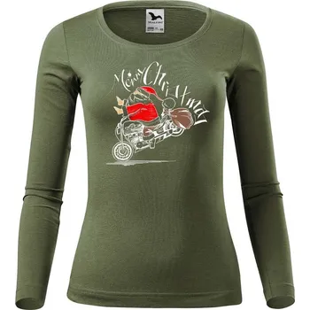 DOBRÝ TRIKO Dámské bavlněné triko Santa na motorce Velikost: XS, Barva: Khaki