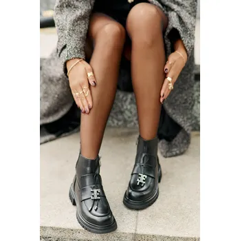 Dámské kozačky Kožené Kotníkové Boty Na Plochém Podpatku S Dekorací Zateplené Asperra Barva: Černá, Velikost: 36