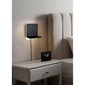 Nástěnné svítidlo Trio Leuchten 248670132 FAIRFIELD - Nástěné LED svítidlo za zeď k posteli bezdrátovým nabíjením mobilu, USB-A + USB-C, LED 9W, 3000K (Nástěnné stmívatelné svítidlo k posteli v černé barvě s kabelem do zásuvky a vypínačem na svítidle)