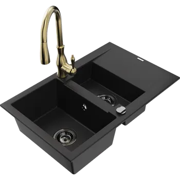 Granitový dřez Mexen Gaspar granitový dřez 1,5-komorový s odkapávačem a kuchyňskou baterií Savita, černý - 6507-77-672601-50-B Granitové dřezy s baterií