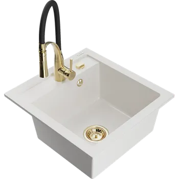 Granitový dřez Mexen Vito granitový kuchyňský dřez 1-komorový s kuchyňskou baterií Aster, bílý - 6503-20-73450-57-G Granitové dřezy s baterií