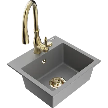 Granitový dřez Mexen Milo granitový dřez s 1 komorou s kuchyňskou baterií Savita, šedý - 6505-71-672601-50 Granitové dřezy s baterií