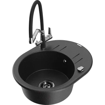 Granitový dřez Mexen Kevin granitový dřez s 1 komorou a kuchyňskou baterií Duo, černý/stříbrný metalík - 6517-73-671701-07-B Granitové dřezy s baterií