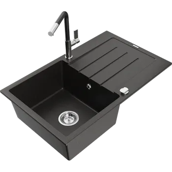 Granitový dřez Mexen Bruno granitový dřez s odkapávačem a kuchyňskou baterií Flora, černý/zlatý metalický - 6513-75-670401-07 Granitové dřezy s baterií