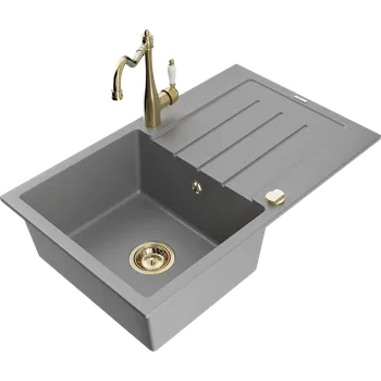 Granitový dřez Mexen Bruno žulový dřez s 1 komorou, odkapávačem a kuchyňskou baterií Carla, šedý - 6513-71-670700-50 Granitové dřezy s baterií