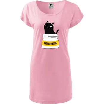 Dámské tričko DOBRÝ TRIKO Dámské tričko/šaty s kočkou ANTIDEPRESIVA Velikost: L, Barva: Růžová