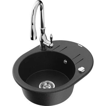 Granitový dřez Mexen Kevin granitový dřez 1-komorový s odkapávačem a kuchyňskou baterií Savita, černý/stříbrný metalik - 6517-73-672601-00 Granitové dřezy s baterií