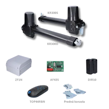 Pohon brány CAME KRONO STANDARD sada pre dvojkrídlovú bránu do 3m/krídlo, 1x KR300D, 1x KR300S (230V, 240W, 1500N), 1x ZF1N, 1x AF43S, 1x TOP44RBN, 1 pár DIR10