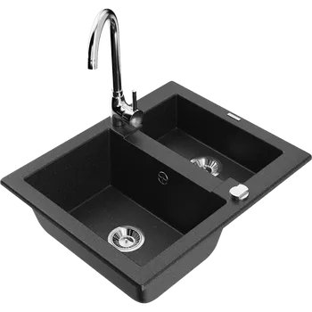 Granitový dřez Mexen Carlos granitový dřez 1,5-komorový s kuchyňskou baterií Telma, černý/stříbrný metalík - 6518-73-670200-00 Granitové dřezy s baterií