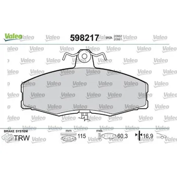 Brzdová destička Sada brzdových destiček, kotoučová brzda VALEO 598217