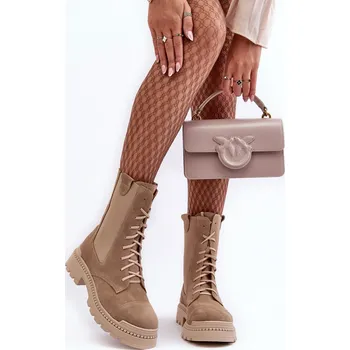 Dámské kozačky Kožené Dámské Botky Workery Šněrovací Nicole 2836 Barva: Béžová, Velikost: 38