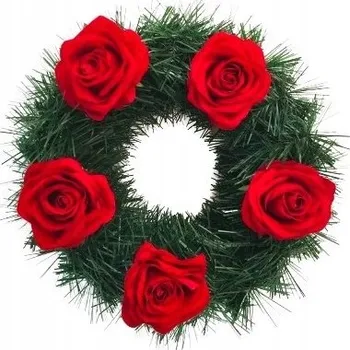 umělá květina VĚNEC zdobený ČERVENÝMI RŮŽEMI umělé DEKORACE VAZBA na hřbitov hrob