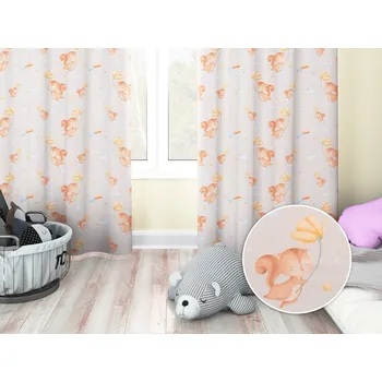 ubrus Dětský bavlněný závěs Sandra SA-525 Veverky s květinami na šedobéžovém 150x180 cm