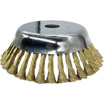 Ocelový copánkový kartáč pro křovinořez na plevel o vnějším průměru 155 mm a otvorem 25,4 mm s pomosazováným drátem