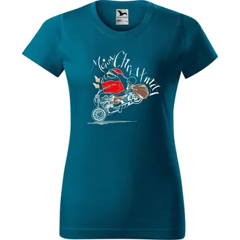 Dámské tričko DOBRÝ TRIKO Dámské tričko s potiskem Santa na motorce Barva: Petrolejová, Velikost: S