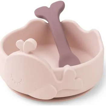 dětská jídelní sada DONE BY DEER silikonová Stick and Stay miska a dětská lžička Wally růžová