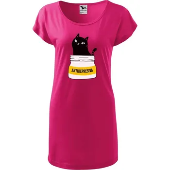 Dámské tričko DOBRÝ TRIKO Dámské tričko/šaty s kočkou ANTIDEPRESIVA Velikost: XS, Barva: Purpurová
