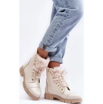 Dámské kozačky Kožené Dámské Botky S Kožešinou Jasno Lewski 3296 Barva: Béžová, Velikost: 37