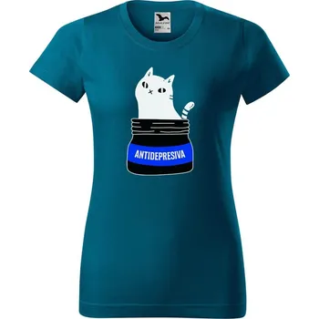 Dámské tričko DOBRÝ TRIKO Dámské tričko s potiskem s kočkou ANTIDEPRESIVA Barva: Petrolejová, Velikost: XL