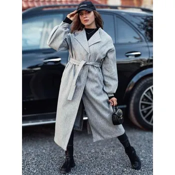 Dámský kabát Dámský dlouhý kabát OPULENt s páskem šedý