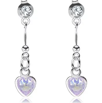 Náušnice Stříbrné náušnice 925, fialové zirkonové srdce, palička s kuličkou, čirý Swarovski krystal