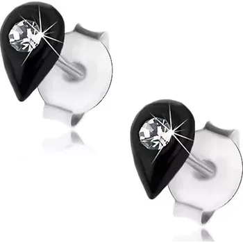 Náušnice Puzetové náušnice, stříbro 925, černá glazovaná kapka, krystalek Swarovski