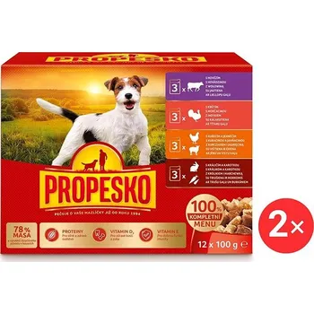 Krmivo pro psa Propesko kapsičky pro psy s kuřecím, jehněčím, hovězím a králičím s karotkou 2 balení 12 × 100g