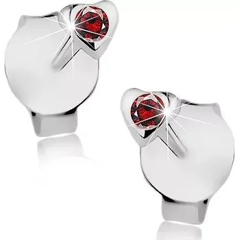 Náušnice Stříbrné 925 náušnice, drobné srdíčko, kulatý červený krystal Swarovski