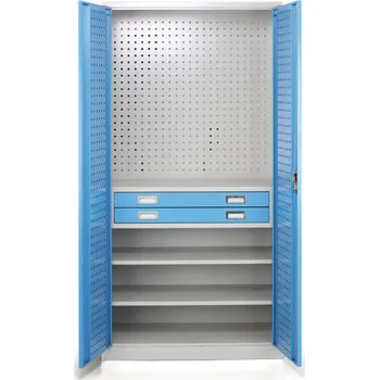 B2B Partner Dílenská zásuvková skříň na nářadí, 2 police, 2 zásuvky, perforovaná, 920 x 500 x 1850 mm