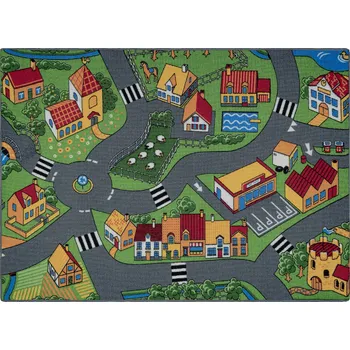 Koberec Makro Abra Dětský kusový koberec REBEL ROADS Village life 90 Vesnice cesty protiskluzový šedý zelený Rozměr: 95x133 cm