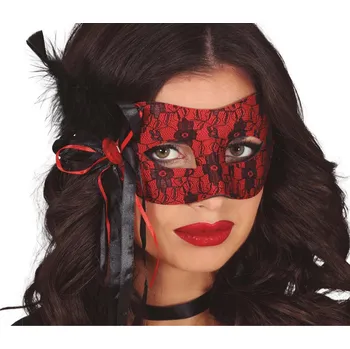 Karnevalový doplněk Škraboška - červená s pírkem a mašlí