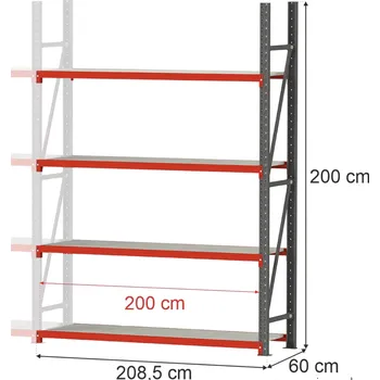 Dílenský regál Regalydoskladu Skladový regál se 4 policemi FORTIS 200x217x60 cm modul - rozšíření
