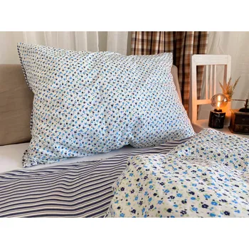 Povlečení Bavlněné povlečení tmavě modré kytičky/pruhy - 200x220 + 2x 70x90 cm