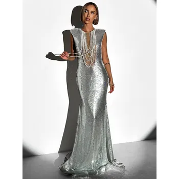 Dámské šaty Stříbrné třpytivé večerní šaty KENTAR s perlami Velikost: L