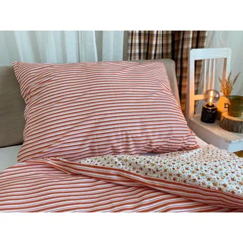 Povlečení Bavlněné povlečení oranžové kytičky/pruhy - 200x200 + 2x 70x90 cm