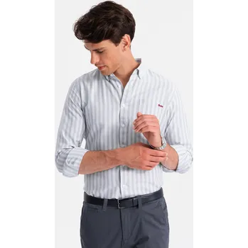 Pánská košile Pánská bílá pruhovaná košile REGULAR FIT s kapsou - šedá V1 OM-SHOS-0171 - XXL