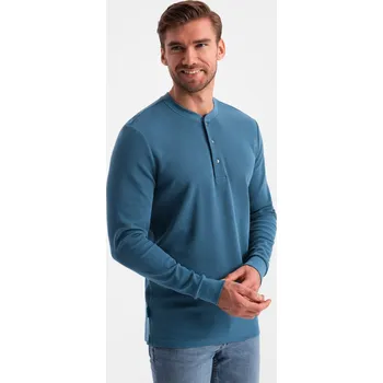 Pánská móda Pánský vaflový úplet s dlouhým rukávem a zapínáním u krku - modrý denim V4 OM-LSCL-0120 - M