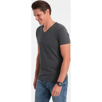Pánské tričko Pánské klasické bavlněné tričko BASIC s výstřihem do V - grafit V3 OM-TSBS-0145 - L