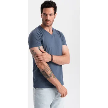 Pánské tričko Pánské klasické bavlněné tričko BASIC s výstřihem do V - modrý melír V18 OM-TSBS-0145 - S