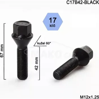 Šroubek na kolo Kolový šroub M12x1,25x42mm, dosedací plocha kužel, klíč 17, černý pozink (Šroub na kola)