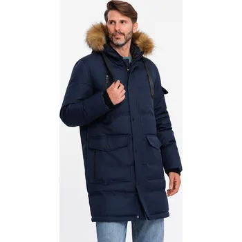 Pánský kabát Pánská dlouhá teplá bunda parka s kapucí - tmavě modrá V1 OM-JALJ-0182 - S