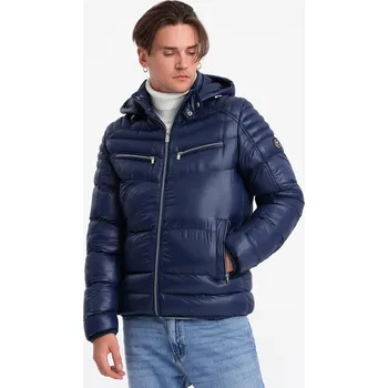 Pánská silně zateplená prošívaná bunda s odepínací kapucí - tmavě modrá V2 OM-JAHP-22FW-010 - XXL