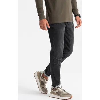 Pánské džínové kalhoty TAPER FIT s prošíváním a ohrnutými nohavicemi - černé V3 OM-PADP-0161 - XL