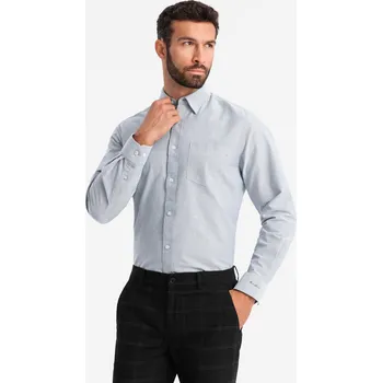 Pánská košile Elegantní pánská oxfordská košile s výšivkou a kapsou - světle šedá V2 OM-SHOS-0173 - XL