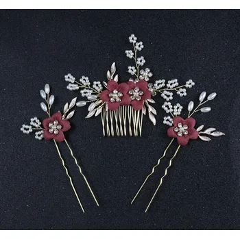 Souprava šperků B-TOP Slavnostní květinová souprava hřebenu do vlasů s vlásenkami - vínová