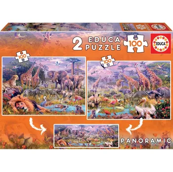 Puzzle EDUCA Puzzle Panorama Divoká zvířata 2x100 dílků