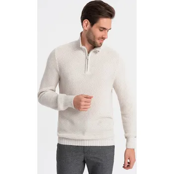 Pánský svetr Pánský pletený svetr s rozšířeným límcem - krémový V1 OM-SWZS-0105 - XXL
