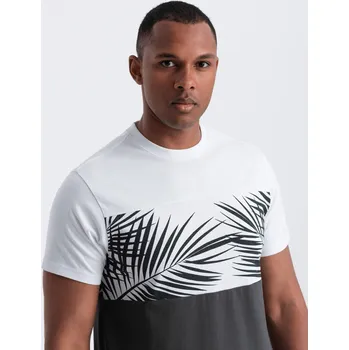 Pánské tričko Pánské dvoubarevné tričko s potiskem palmových listů - grafitová V2 OM-TSPT-0177 - L